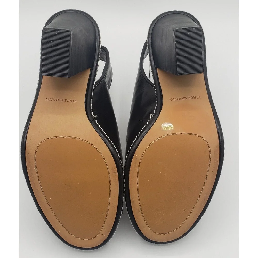 Vince Camuto Fandree Slingback Sandal Heel Peep Toe Buckle Black Leather Sz 8.5